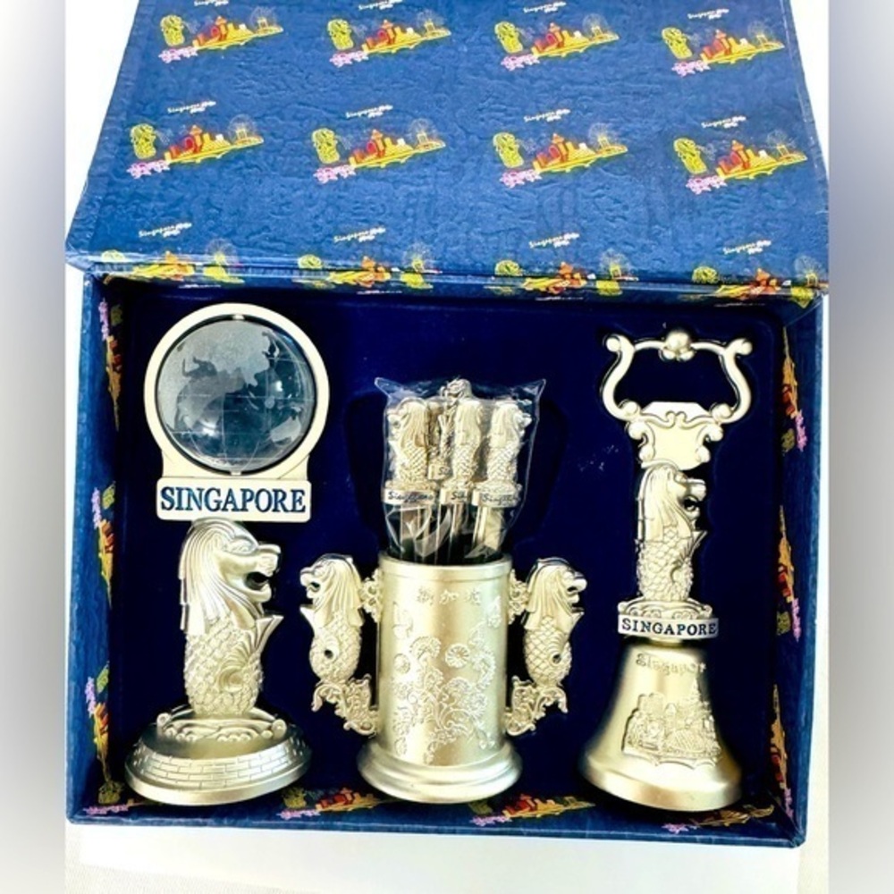 Vintage Singapore Travel Souvenir Barware Set Silver Tone Mini Global Bell Fork